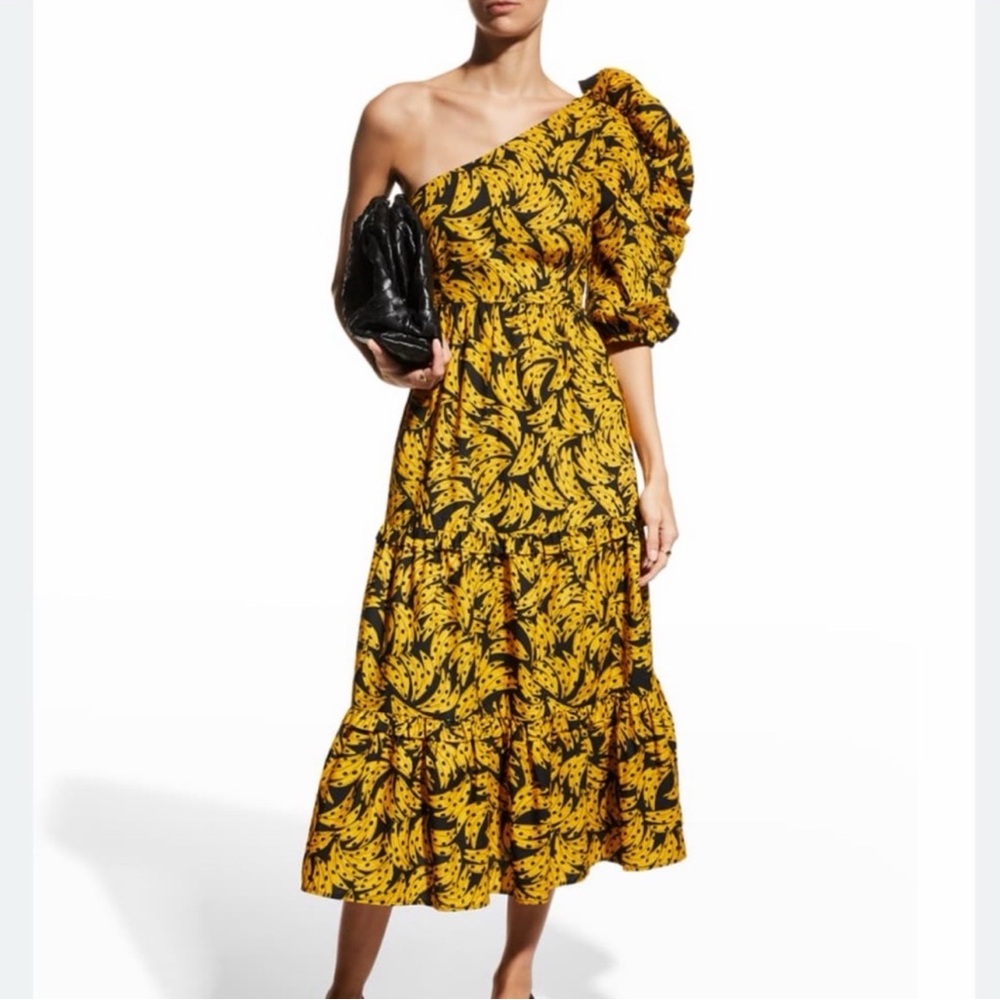 Farm Rio Yellow and Black One-Shoulder Dress
